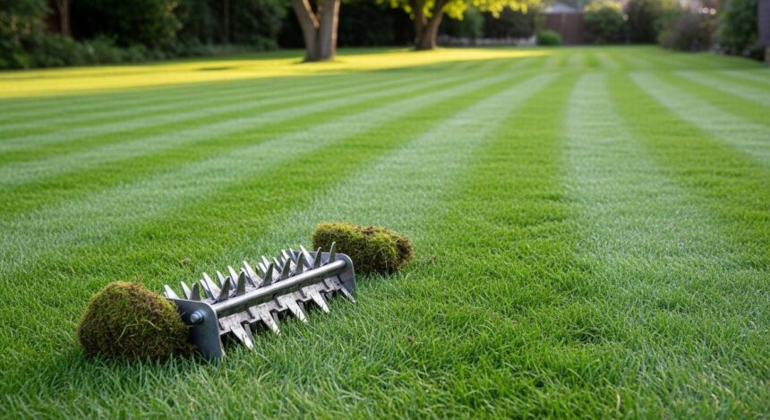 gazon verdoyant après scarification avec brins d'herbe sains et souples