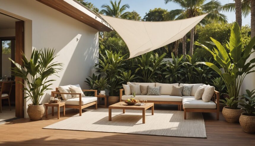 Voile d'ombrage installée sur une terrasse ensoleillée