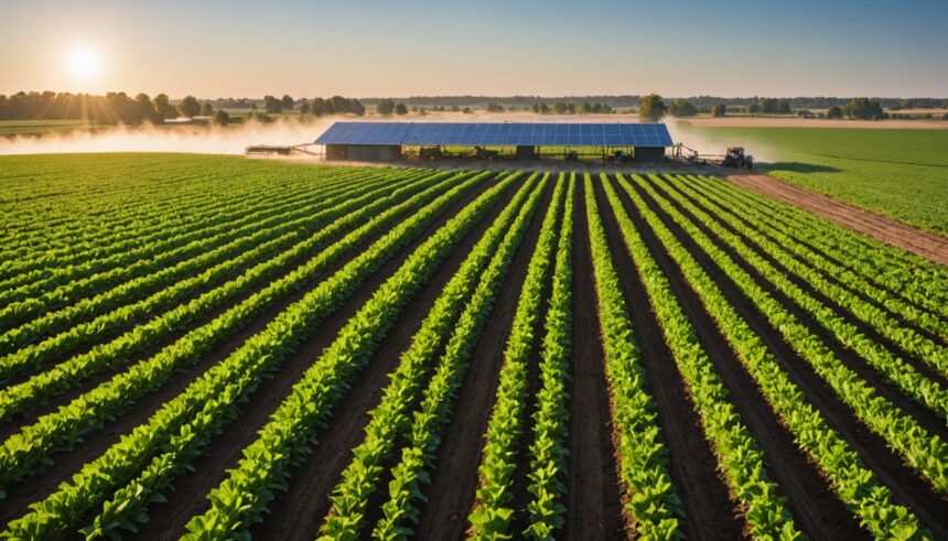 Système d'irrigation moderne dans un champ de gazon verdoyant