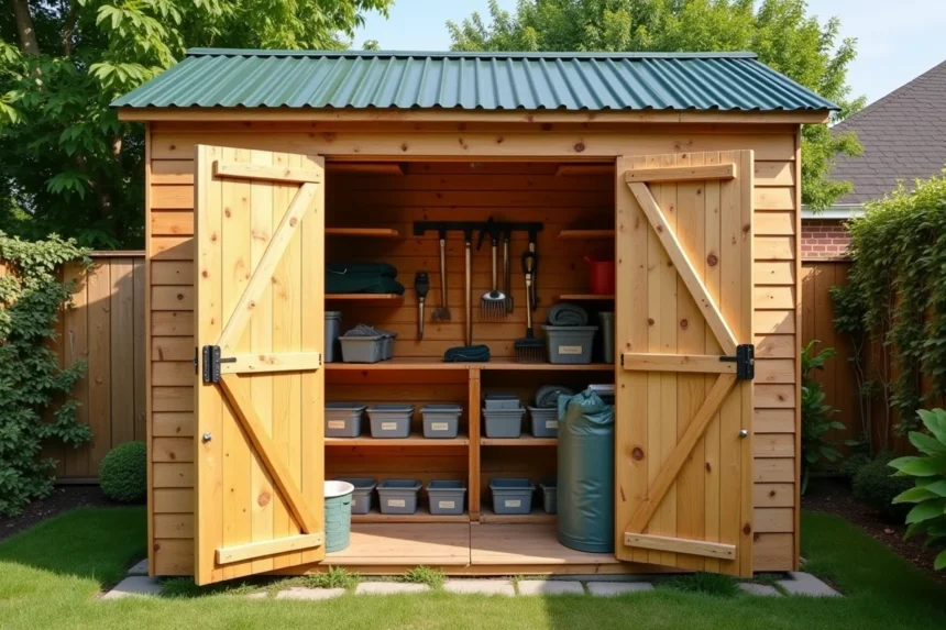 Abri de jardin en bois avec portes ouvertes révélant un rangement intérieur optimisé avec étagères et outils accrochés