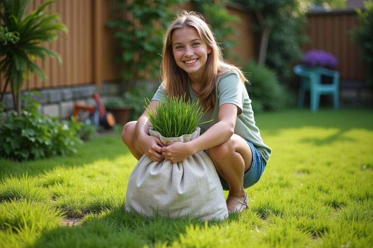 Adolescent dans le jardin avec un sac de herbe fraîche