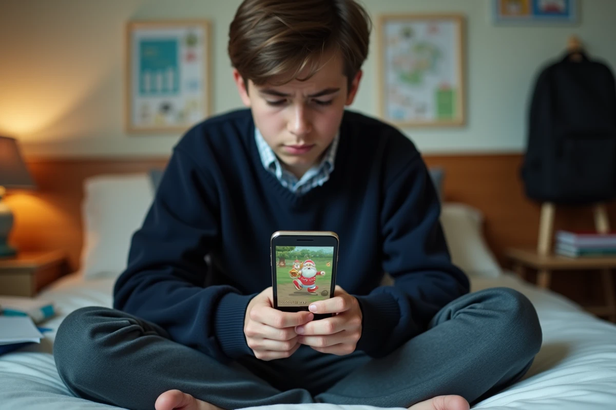 Adolescent sur son lit regardant un smartphone avec une erreur du jeu nain de jardin Google