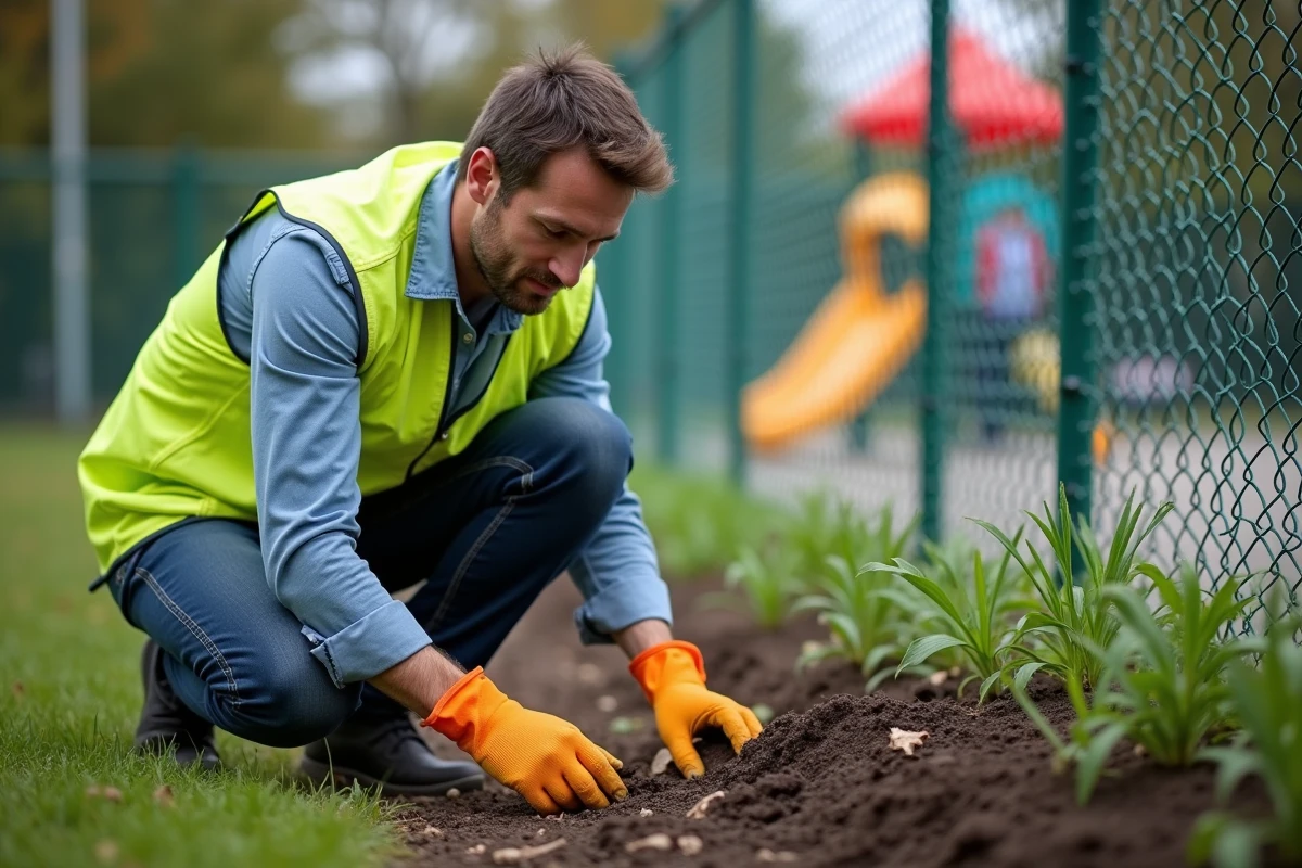 Agent d'entretien retirant des matières végétales dans les jardins d'une école dans le cadre des consignes sanitaires