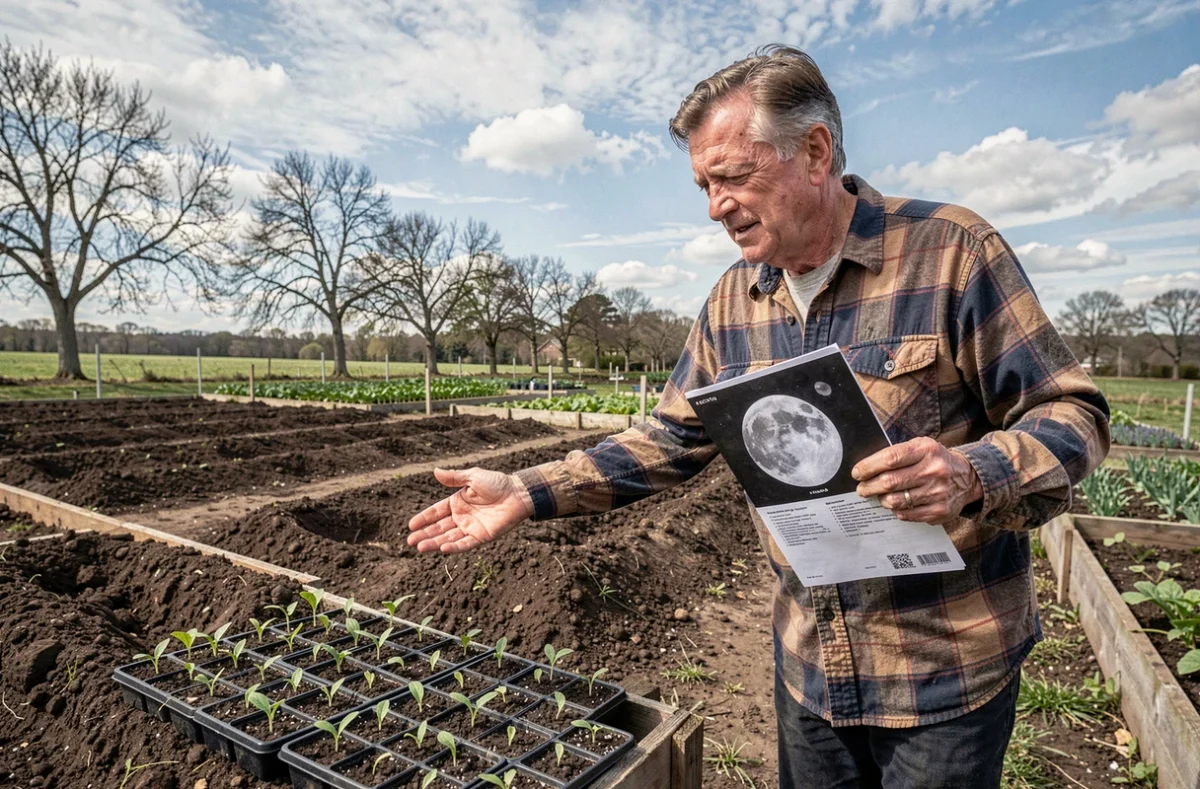 Agriculteur tenant un guide de plantation lunaire devant un potager printanier avec des semis en caissettes