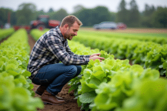 Agronome examinant des plants de laitue dans un champ