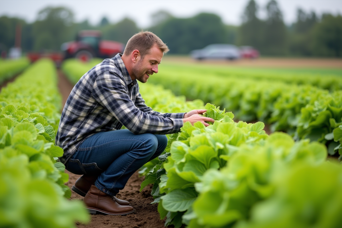 Agronome examinant des plants de laitue dans un champ