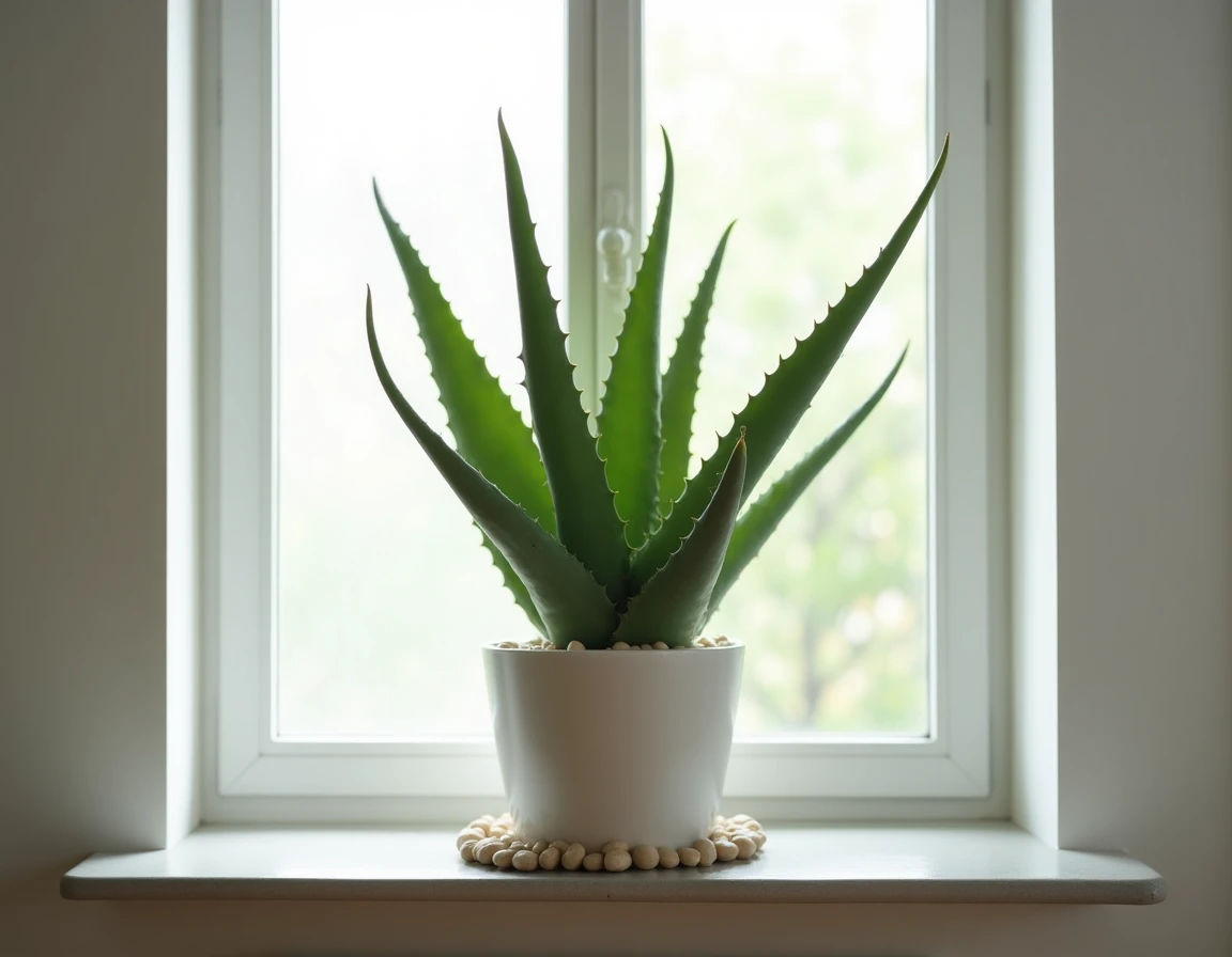 Plante aloe vera saine sur un rebord de fenêtre en béton avec des gouttes d'eau sur les feuilles dans un appartement minimaliste