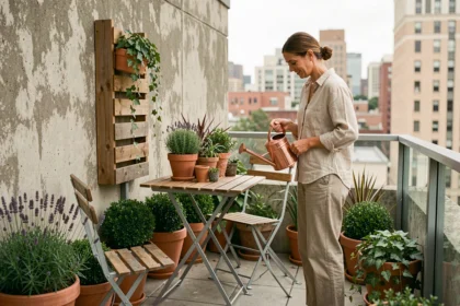 Petit balcon urbain aménagé avec des plantes en pot, une table bistro et des jardinières verticales pour optimiser l'espace extérieur