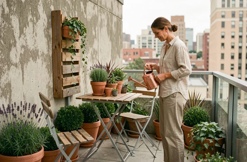 Petit balcon urbain aménagé avec des plantes en pot, une table bistro et des jardinières verticales pour optimiser l'espace extérieur