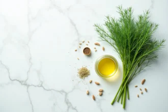 Tiges d'aneth frais et huile cosmétique à base de Peucedanum graveolens sur marbre blanc, vue de dessus