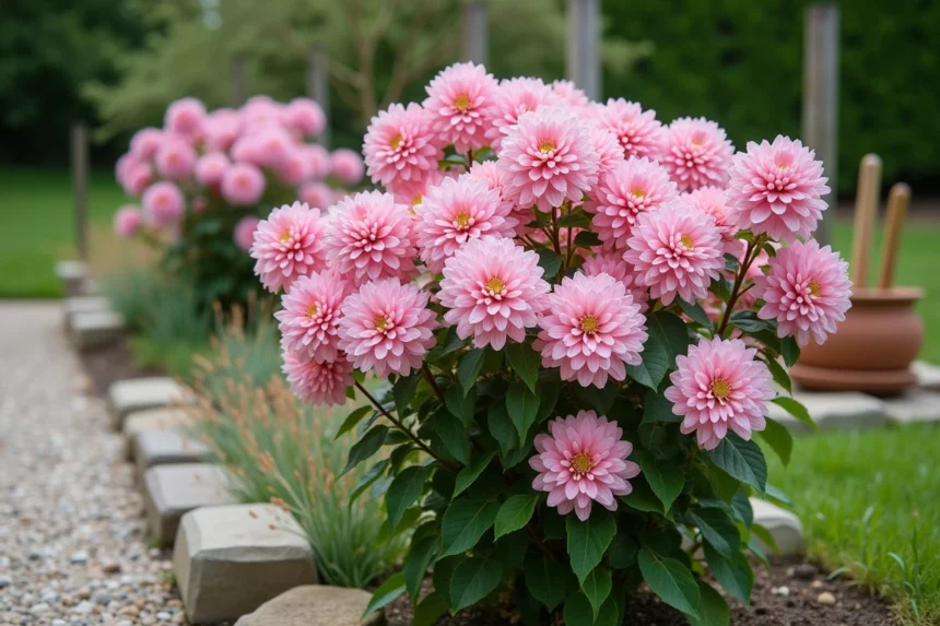 Arbuste fleuri rose au printemps intégré dans un massif de jardin avec bordure en pierre et gravier