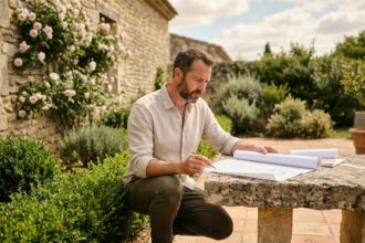 Architecte paysagiste professionnel examinant des plans dans un jardin bordelais avec mur en pierre de Gironde