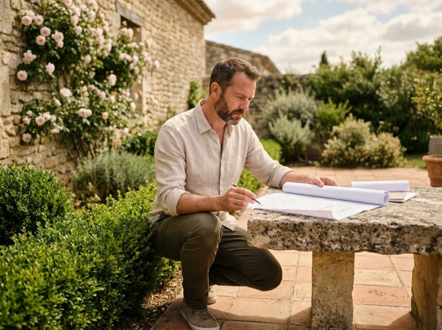 Architecte paysagiste professionnel examinant des plans dans un jardin bordelais avec mur en pierre de Gironde