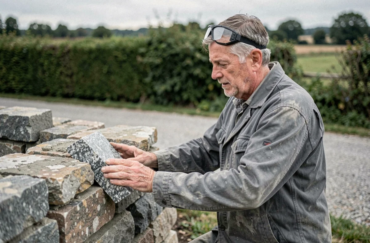 Artisan d'Armor Pierre posant des pierres de granit pour construire un muret de jardin en milieu rural en Loire-Atlantique
