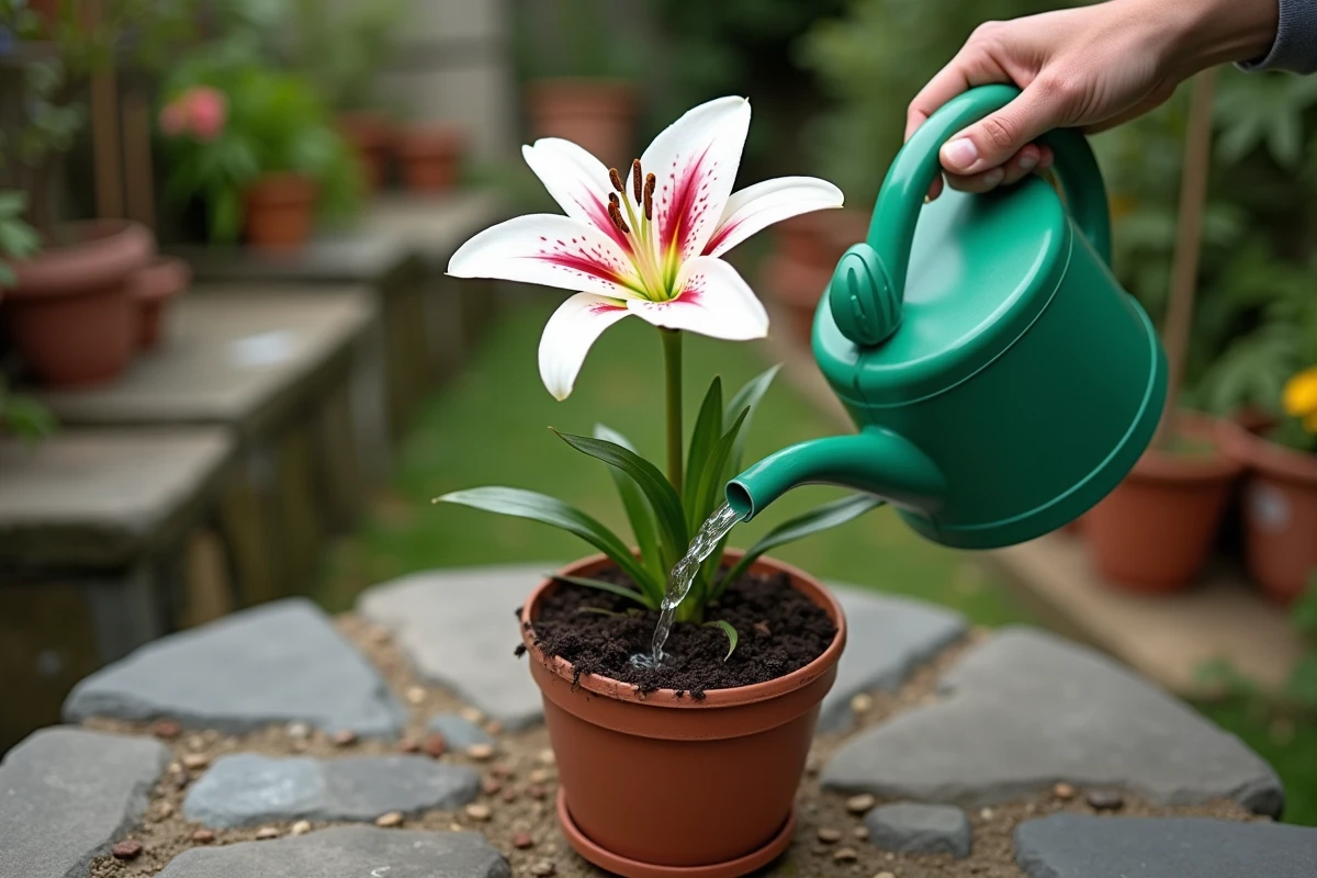 Gros plan d'un lys oriental en pot arrosé à la base sur une table de jardin en pierre