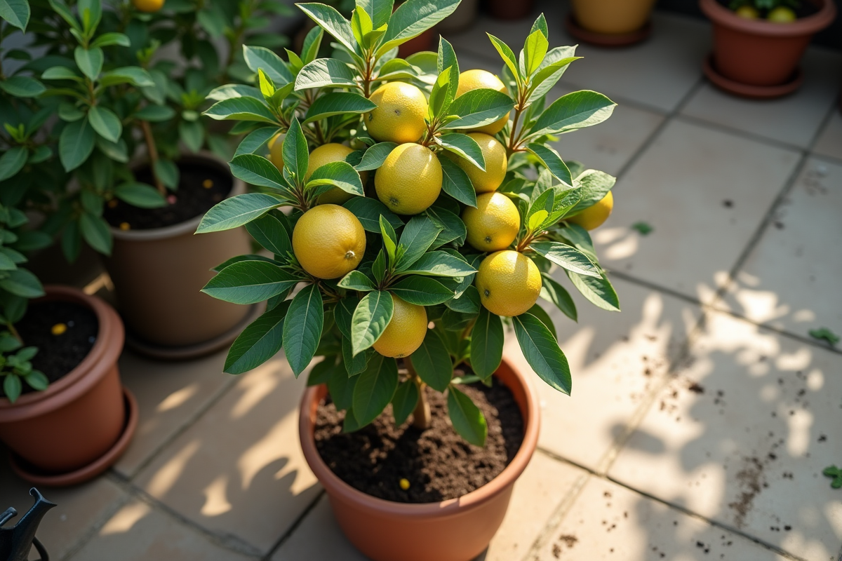 Arrosage d un citronnier en pot sur un patio