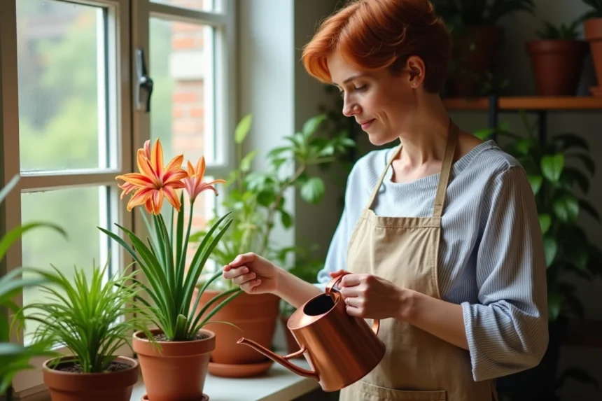 Femme arrosant un lys oriental en pot sur un rebord de fenêtre intérieur avec un arrosoir en cuivre