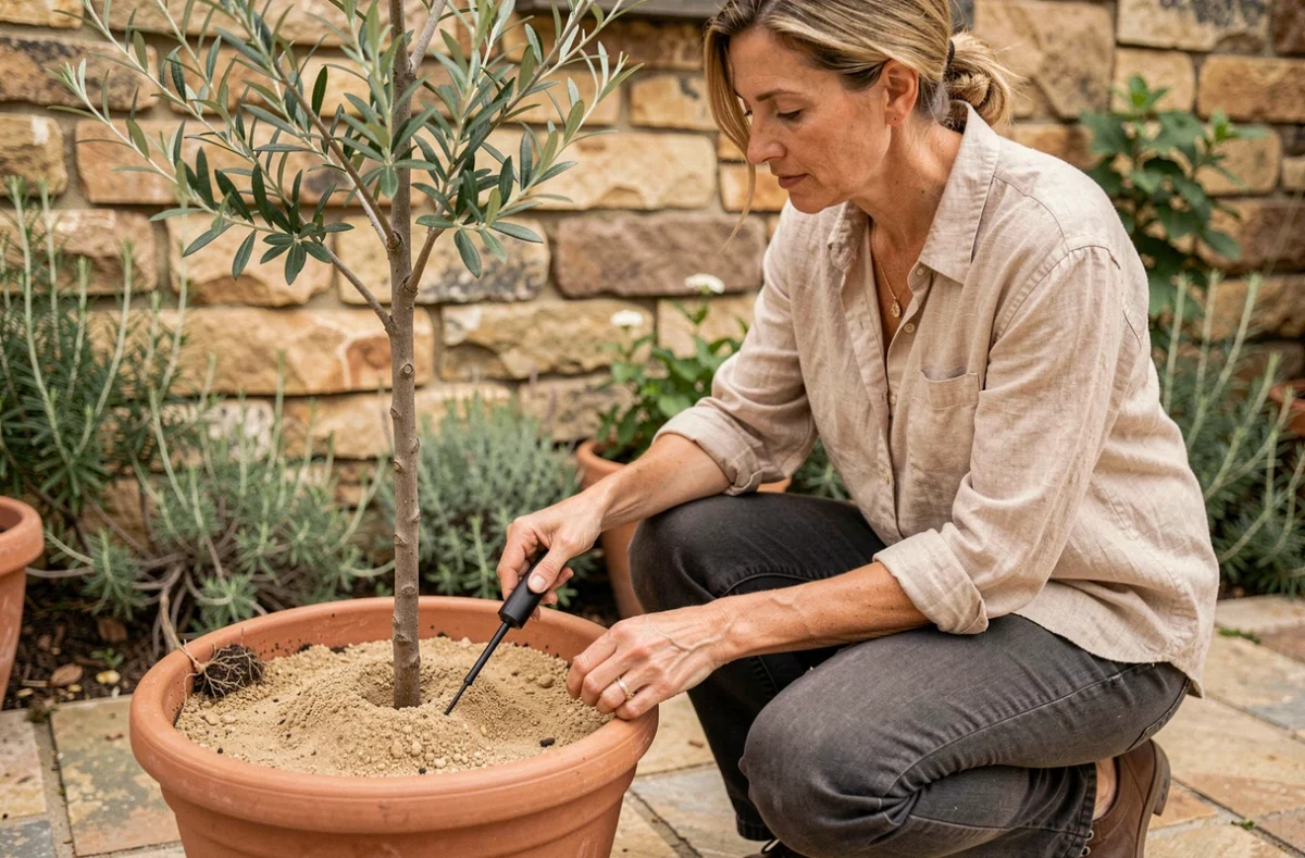 Femme mesurant l'humidité du sol d'un jeune olivier en pot sur une terrasse en pierre pour adapter l'arrosage