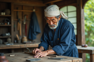 Artisan japonais affutant un outil de jardin traditionnel