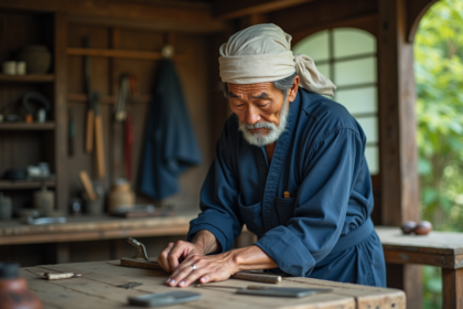Artisan japonais affutant un outil de jardin traditionnel