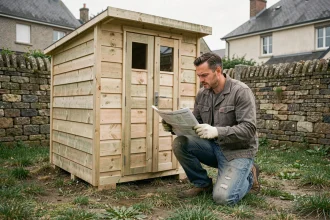 Homme assemblant un cabanon de jardin préfabriqué acheté dans une grande surface discount, instructions à la main