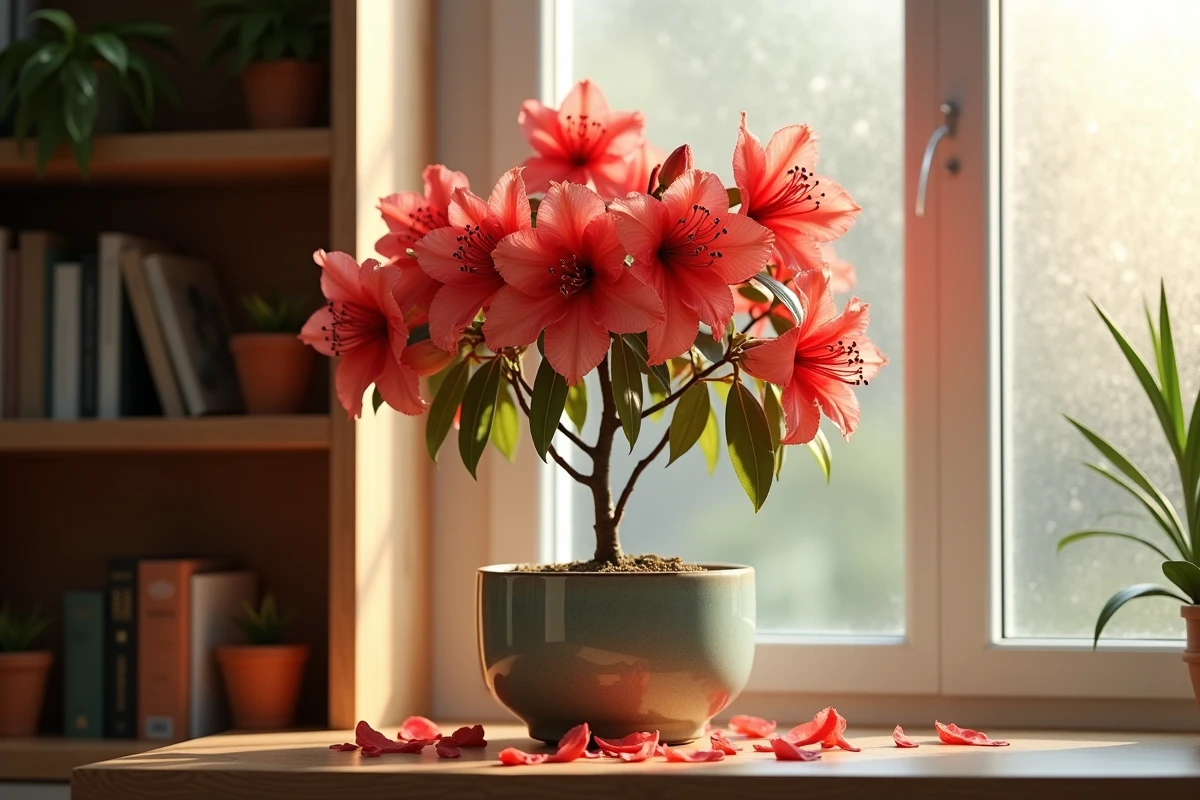 Azalée en pleine floraison dans un pot en céramique posé sur une étagère en bois à l'intérieur