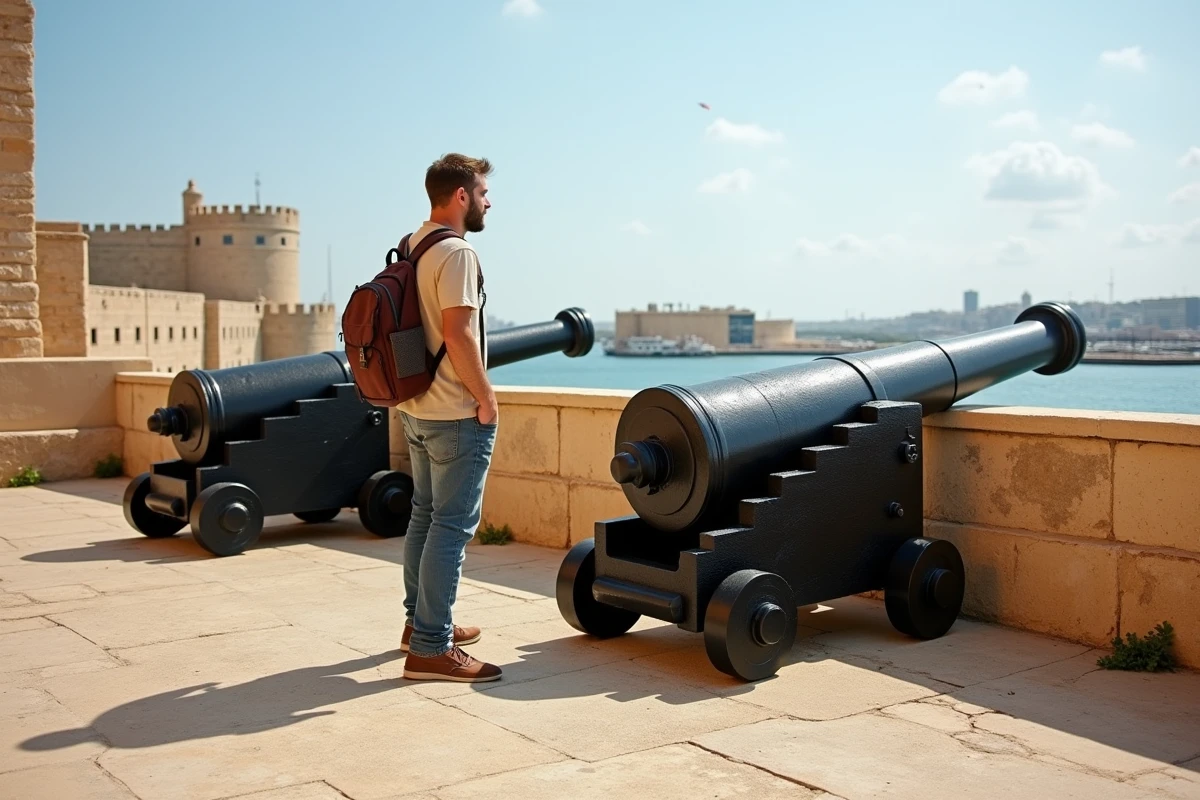 Touriste observant un canon historique de la Batterie des salves sous les jardins Barrakka avec vue sur Fort Angelo à Malte