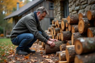 Homme d'âge moyen empilant du bois dans une cour rustique