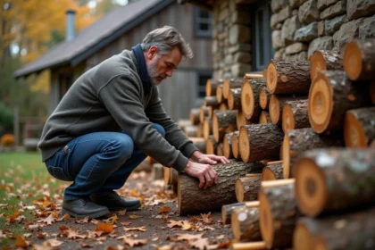 Homme d'âge moyen empilant du bois dans une cour rustique
