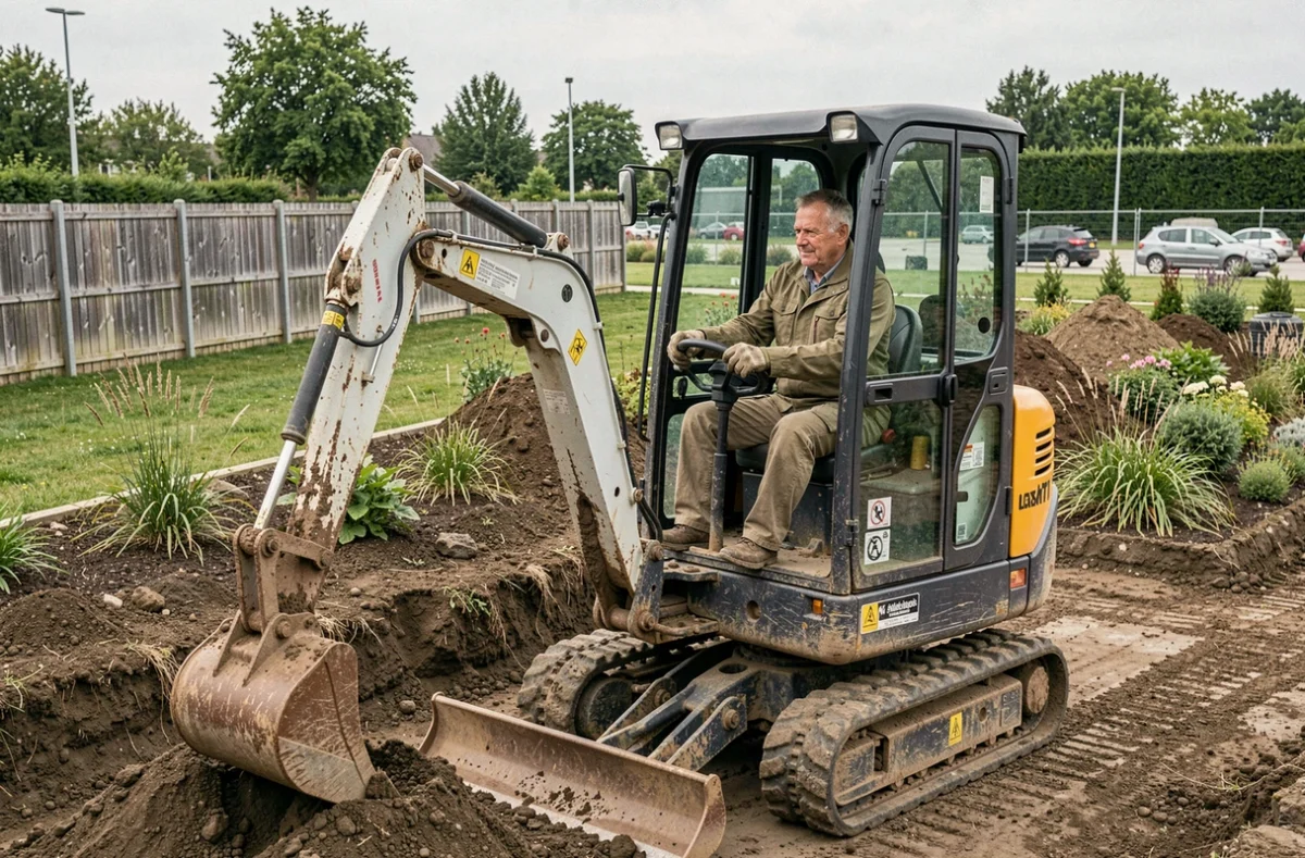 Paysagiste de Blanloeil Environnement opérant un mini-excavateur sur un chantier d'aménagement écologique en Loire-Atlantique