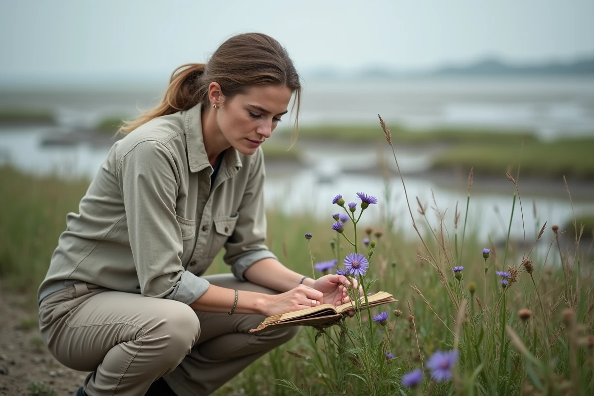 Botaniste examinant des asters maritimes violets dans une zone de marais salant en bord de mer