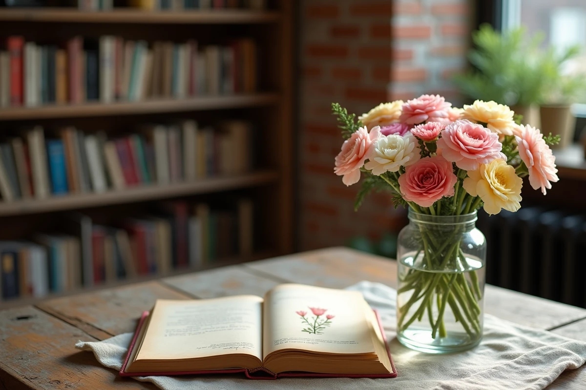 Bouquet d'œillets colorés dans un vase vintage avec carnet ouvert, évoquant le symbolisme floral et la personnalité