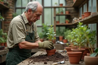 Jardinier insérant une bouture de noyer dans un pot en terre cuite dans une serre en pierre rustique