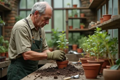 Jardinier insérant une bouture de noyer dans un pot en terre cuite dans une serre en pierre rustique
