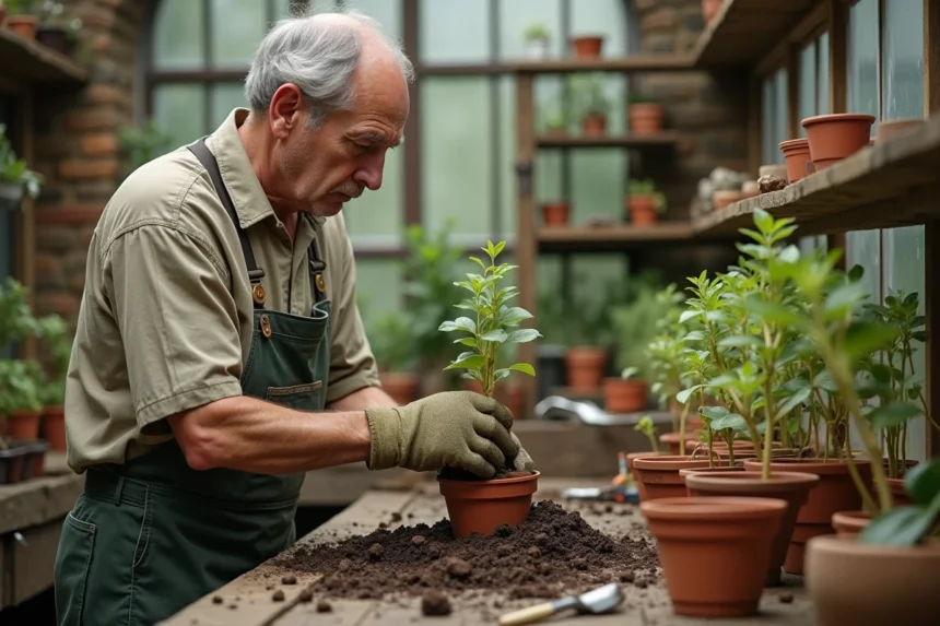 Jardinier insérant une bouture de noyer dans un pot en terre cuite dans une serre en pierre rustique
