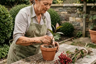Femme bouturant un photinia dans un pot en terre cuite sur un établi de jardin en bois