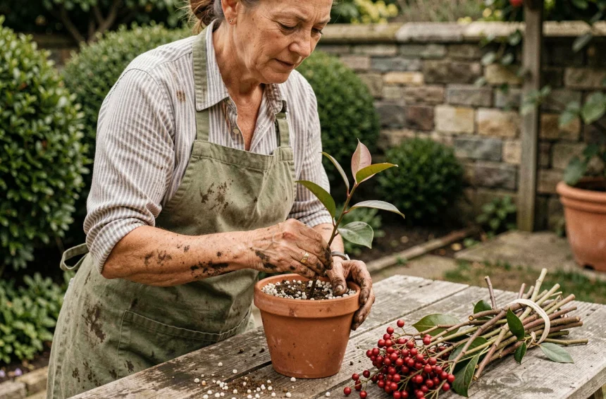 Femme bouturant un photinia dans un pot en terre cuite sur un établi de jardin en bois