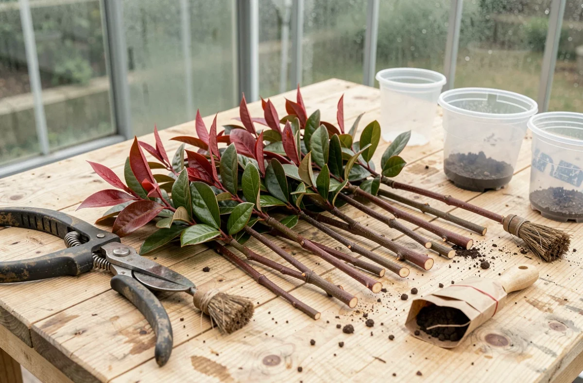 Boutures de photinia fraîchement taillées disposées sur un établi avec outils de jardinage et hormone de bouturage