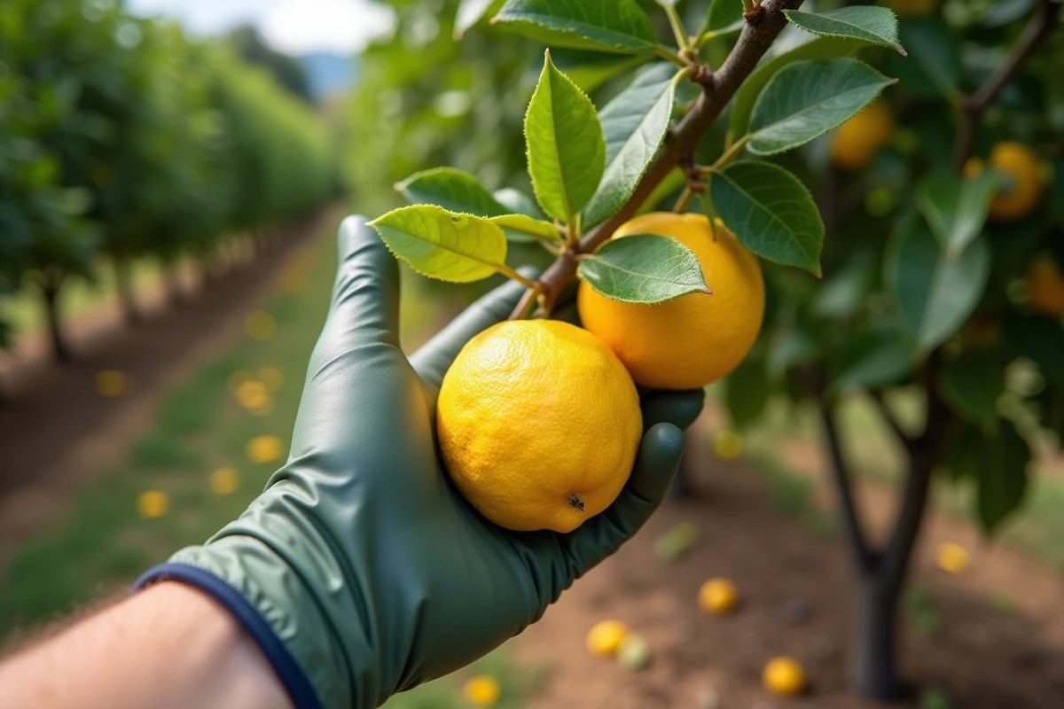 Main gantée tenant une branche de citron avec feuilles jaunies et vertes