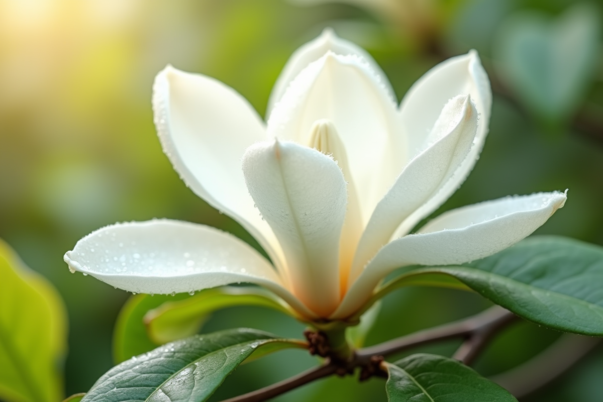 Gros plan sur une branche de magnolia en fleurs avec gouttes de rosée