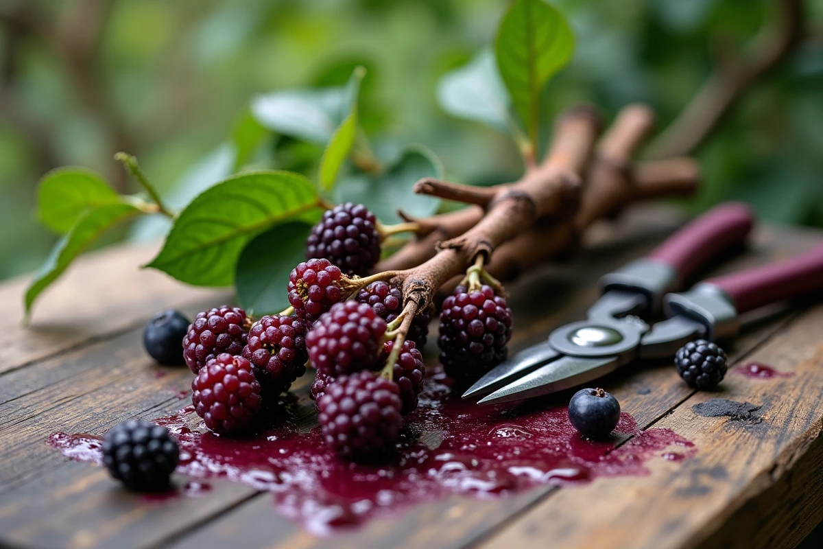 Détail de branches de mûrier taillées et sécateur taché de jus de mûres sur une table de jardin en bois