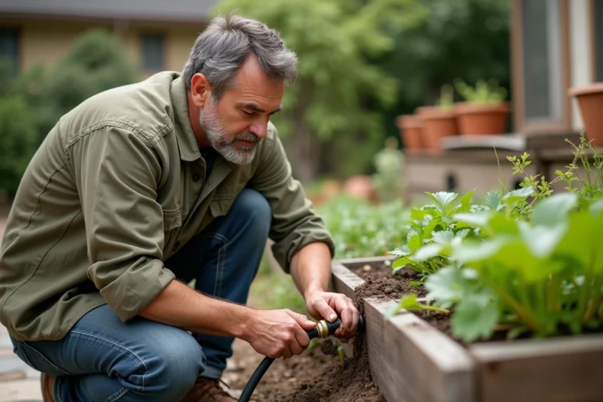 Bricoleur en train de poser un système d'arrosage goutte-à-goutte dans un potager surélevé