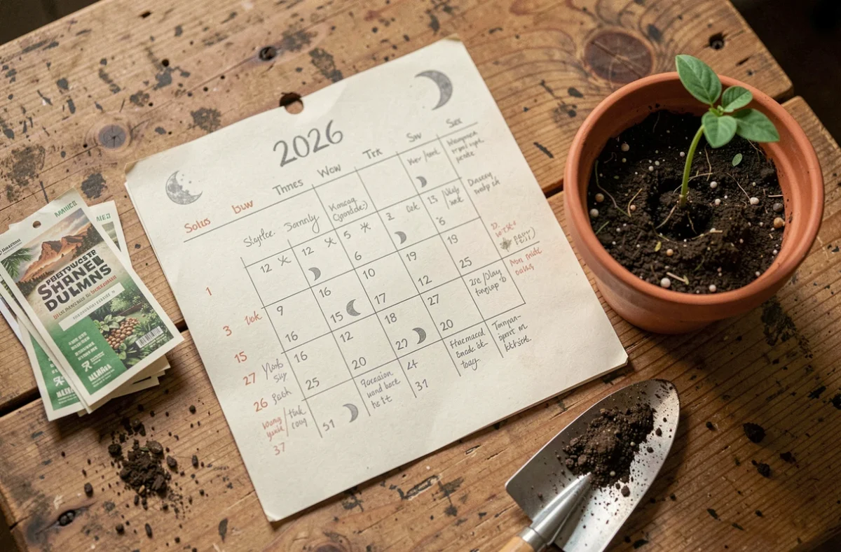 Vue de dessus d'un calendrier lunaire 2026 annoté entouré de sachets de graines et d'un semis en pot sur une table en bois
