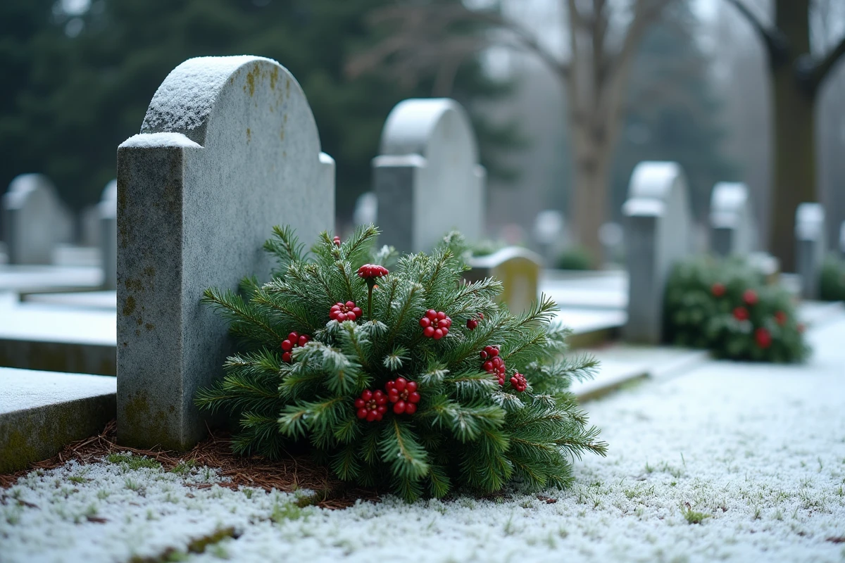 Végétation verte et pierre tombale en scène hivernale calme