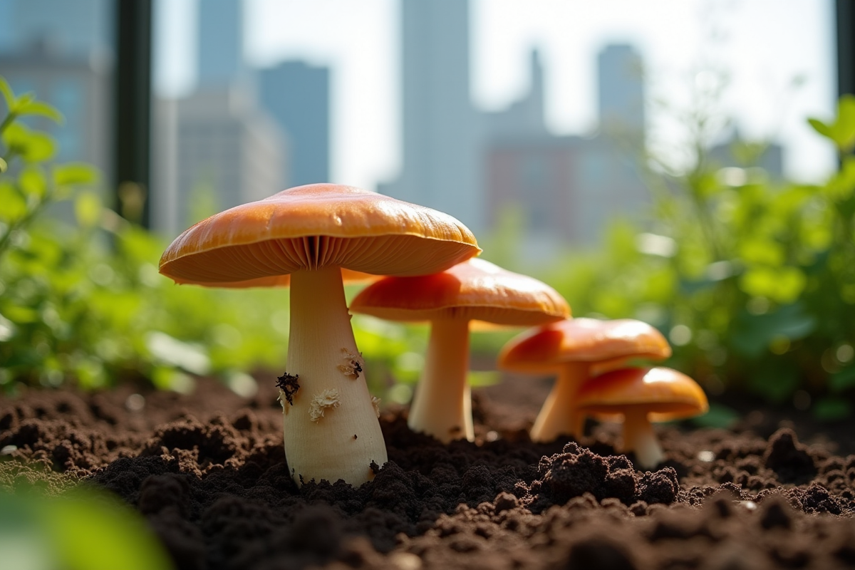Chanterelles sur sol humide dans serre urbaine en hauteur