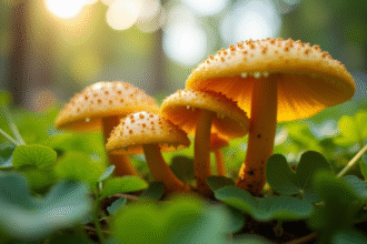 Champignons chanterelles dans un jardin urbain ensoleille