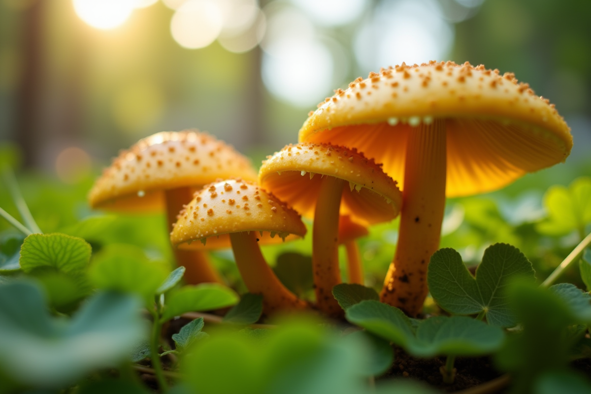 Champignons chanterelles dans un jardin urbain ensoleille
