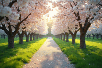 Sentier de jardin bordé de cerisiers en fleurs en pleine floraison