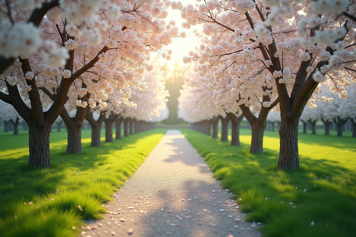 Sentier de jardin bordé de cerisiers en fleurs en pleine floraison