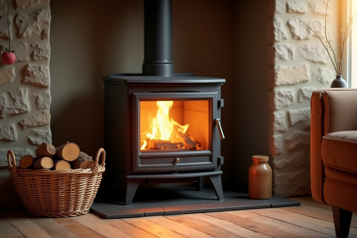 Salon avec poêle à bois et bûches de paulownia près du feu